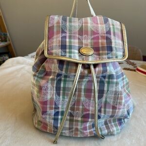 Y2K Coach Daisy Madras Packable Backpack multicolor plaid & gold-tone hardware